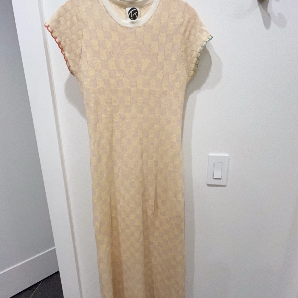 YanYan Knits Cream Beige Maxi Dress with Checker Texture
